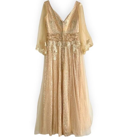 Val Stefani V-Cut Tulle Overlay Sleeve Sequin Bead Lace Embellished Gown Dress - Picture 7 of 17